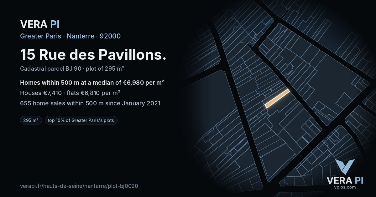 15 Rue des Pavillons, Nanterre at night – the plot lit, the parcels around coloured by the prices near them