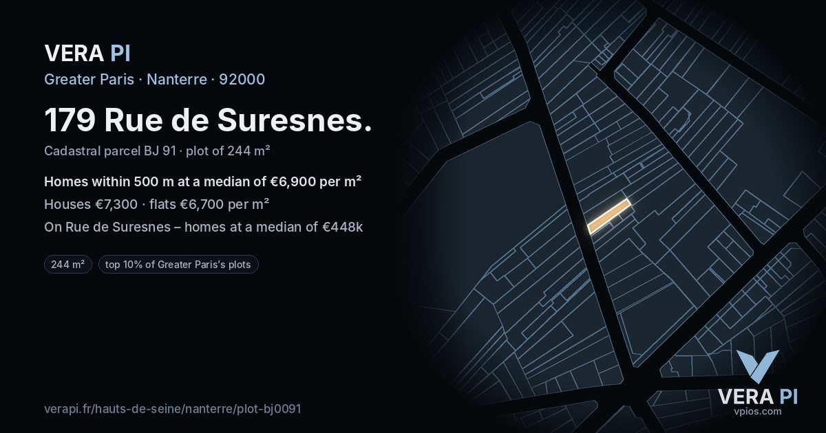 179 Rue de Suresnes, Nanterre at night – the plot lit, the parcels around coloured by the prices near them