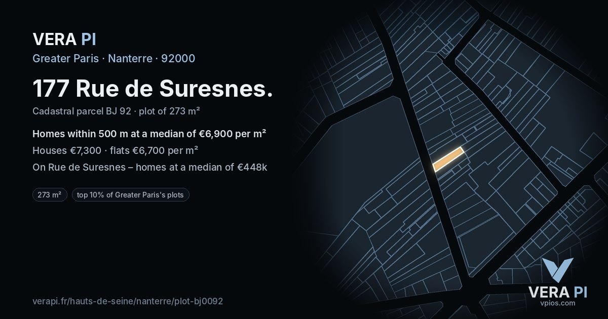 177 Rue de Suresnes, Nanterre at night – the plot lit, the parcels around coloured by the prices near them