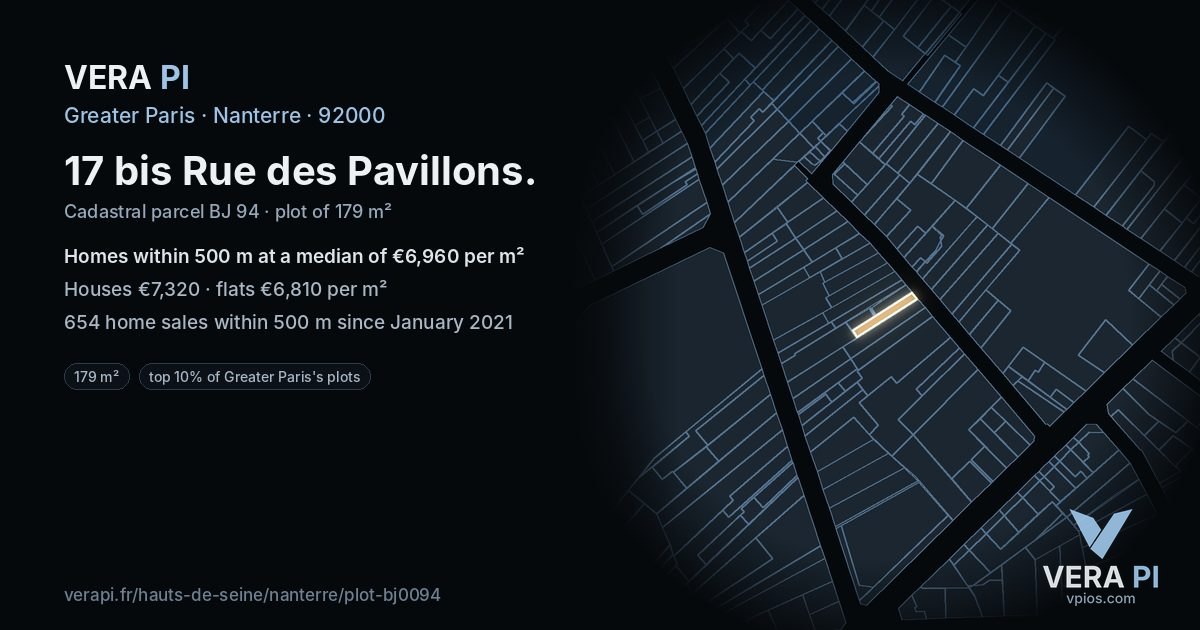 17 bis Rue des Pavillons, Nanterre at night – the plot lit, the parcels around coloured by the prices near them