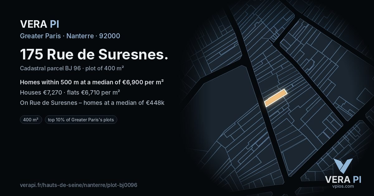 175 Rue de Suresnes, Nanterre at night – the plot lit, the parcels around coloured by the prices near them