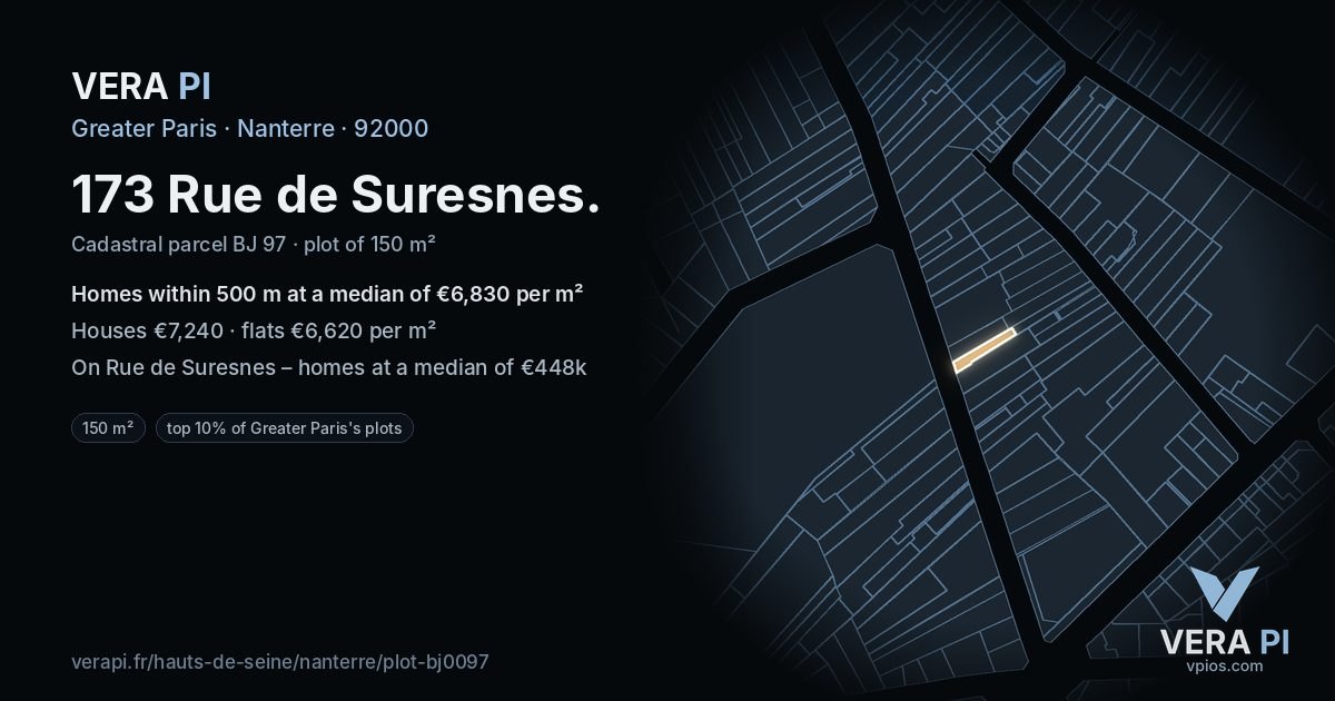 173 Rue de Suresnes, Nanterre at night – the plot lit, the parcels around coloured by the prices near them