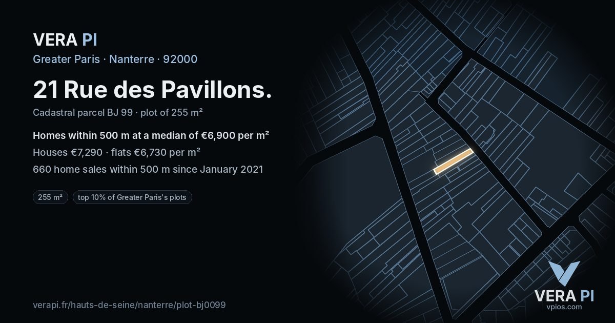 21 Rue des Pavillons, Nanterre at night – the plot lit, the parcels around coloured by the prices near them