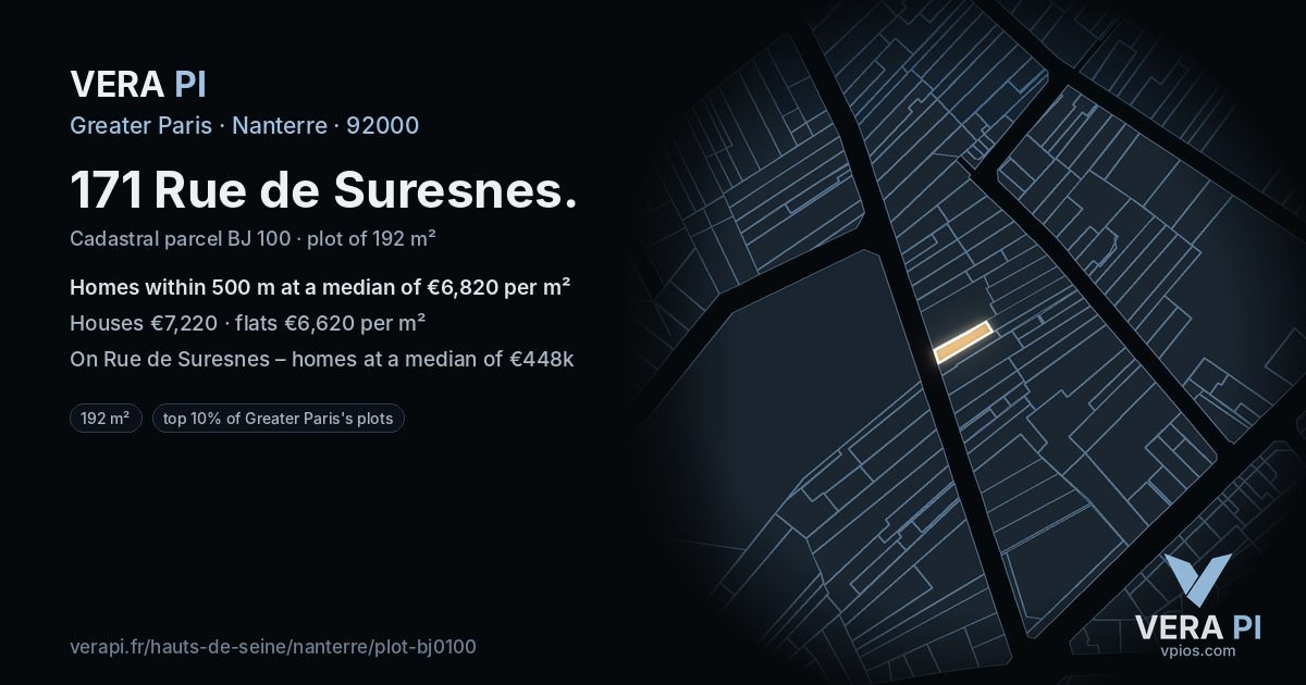 171 Rue de Suresnes, Nanterre at night – the plot lit, the parcels around coloured by the prices near them
