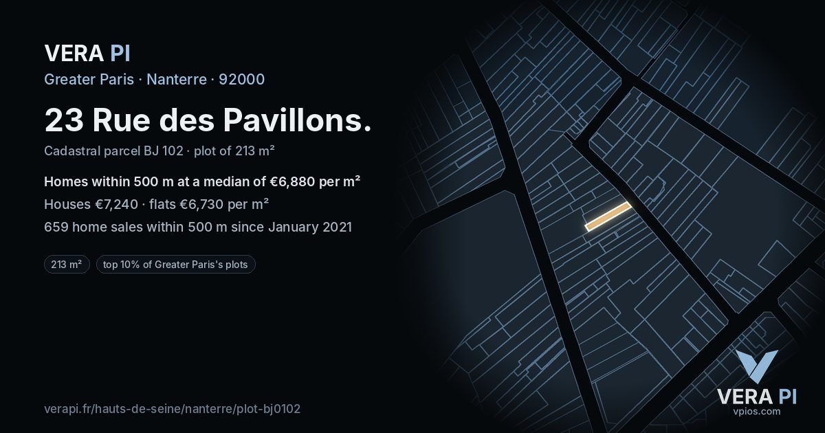 23 Rue des Pavillons, Nanterre at night – the plot lit, the parcels around coloured by the prices near them