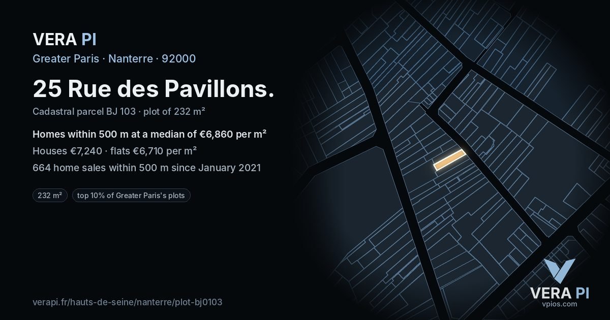 25 Rue des Pavillons, Nanterre at night – the plot lit, the parcels around coloured by the prices near them