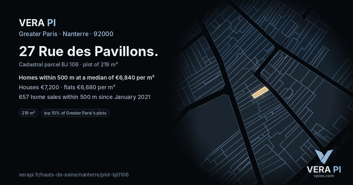 27 Rue des Pavillons, Nanterre at night – the plot lit, the parcels around coloured by the prices near them