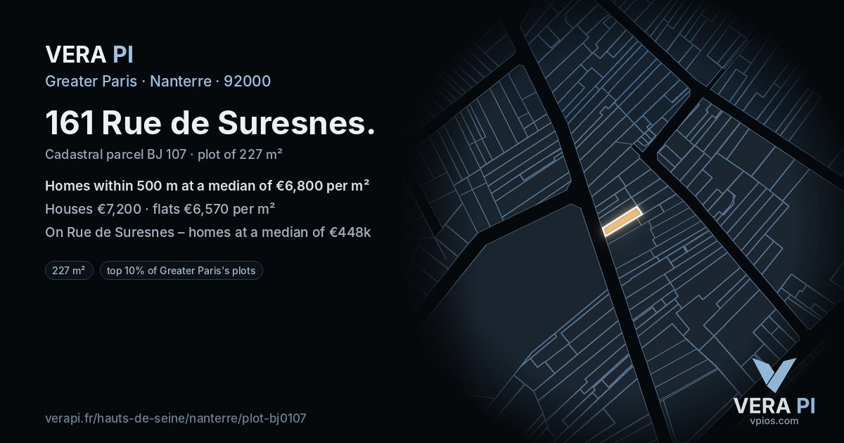 161 Rue de Suresnes, Nanterre at night – the plot lit, the parcels around coloured by the prices near them