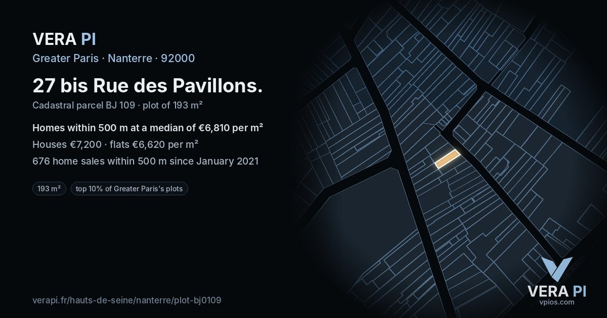 27 bis Rue des Pavillons, Nanterre at night – the plot lit, the parcels around coloured by the prices near them