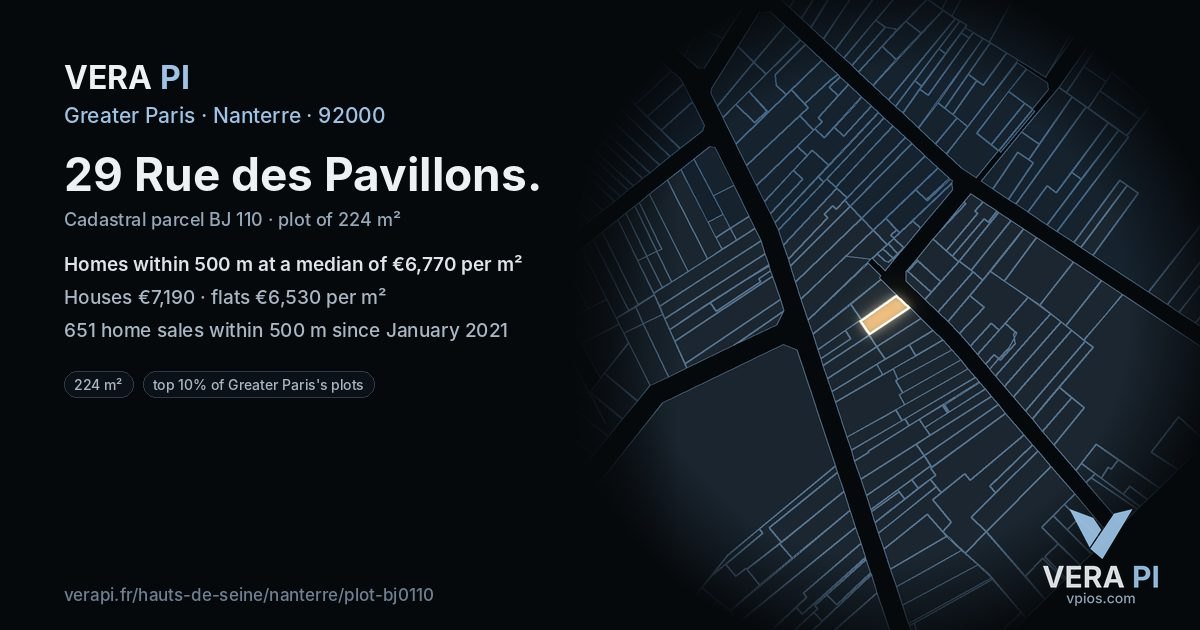 29 Rue des Pavillons, Nanterre at night – the plot lit, the parcels around coloured by the prices near them