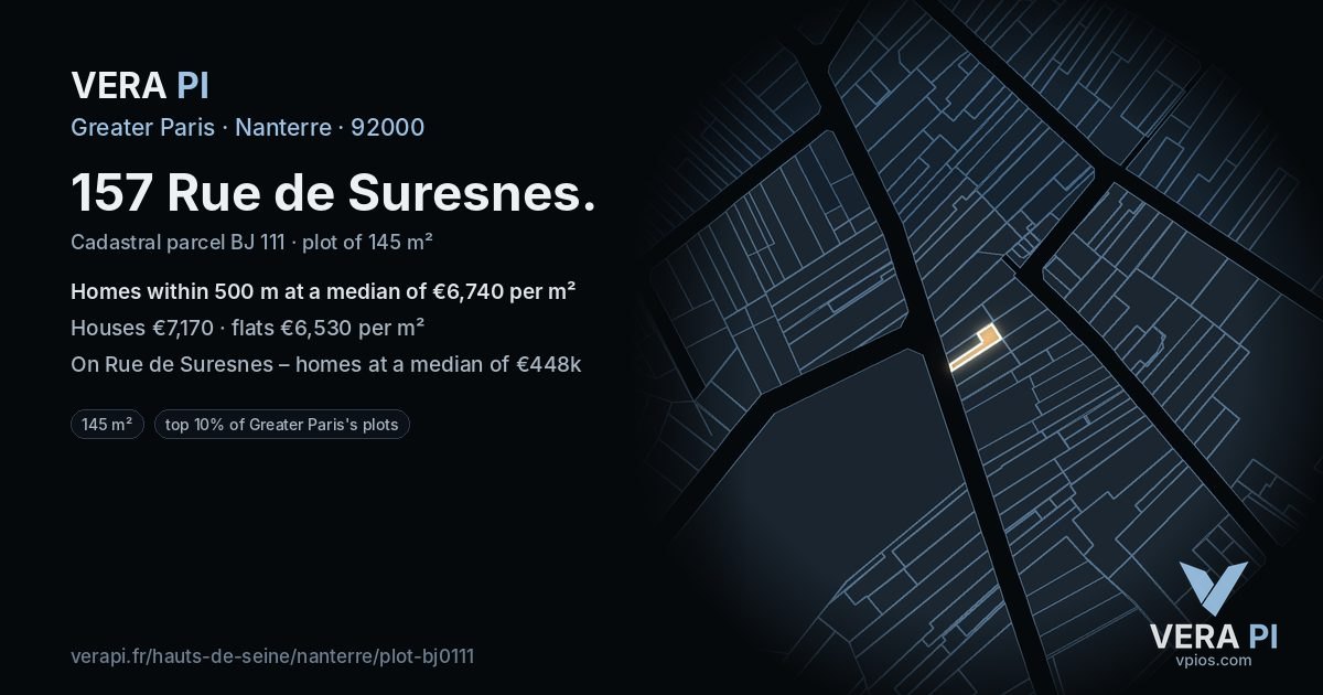 157 Rue de Suresnes, Nanterre at night – the plot lit, the parcels around coloured by the prices near them