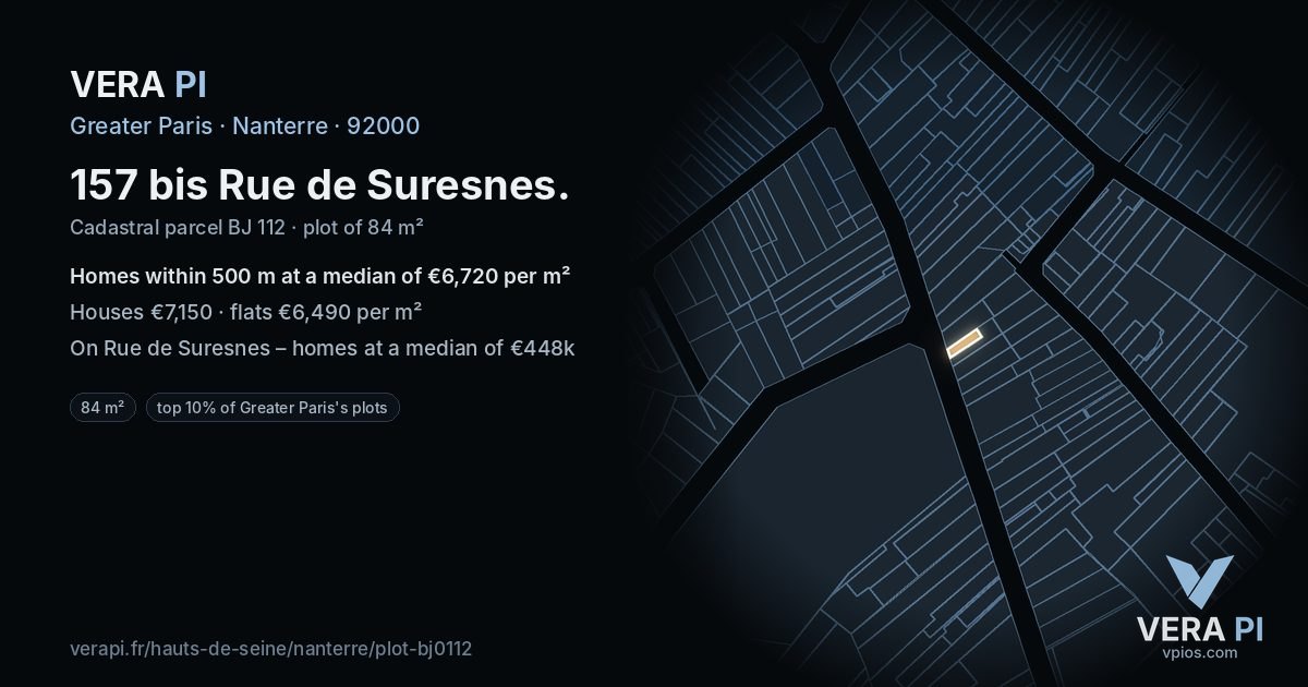157 bis Rue de Suresnes, Nanterre at night – the plot lit, the parcels around coloured by the prices near them
