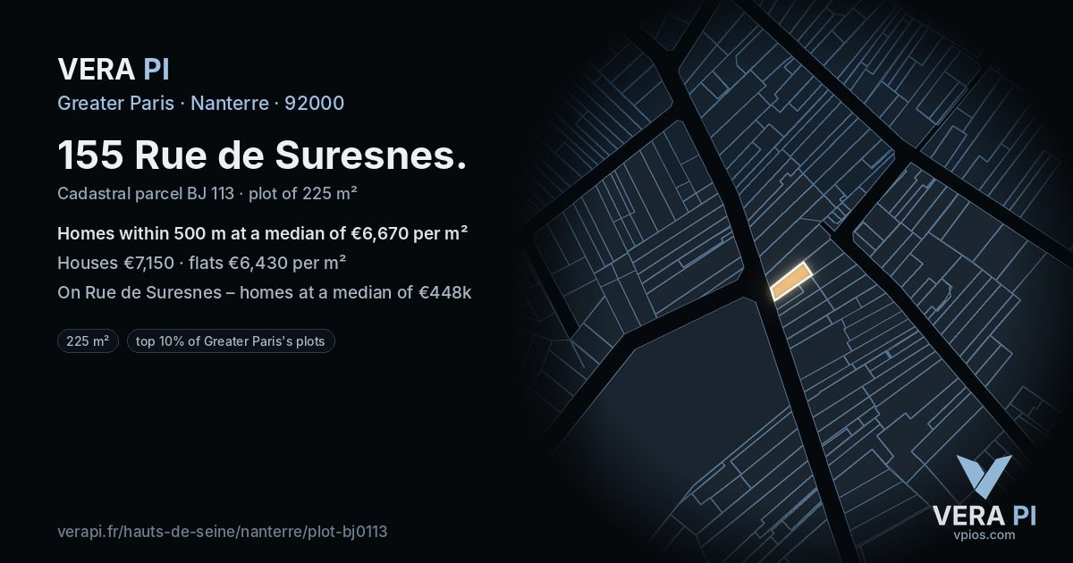 155 Rue de Suresnes, Nanterre at night – the plot lit, the parcels around coloured by the prices near them