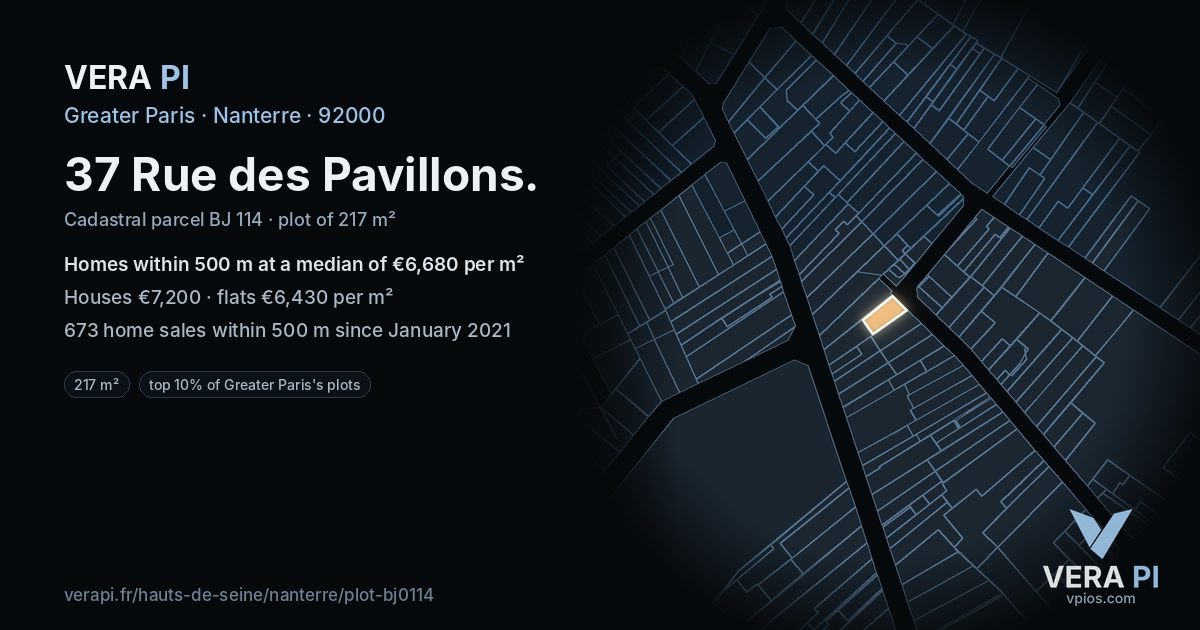 37 Rue des Pavillons, Nanterre at night – the plot lit, the parcels around coloured by the prices near them