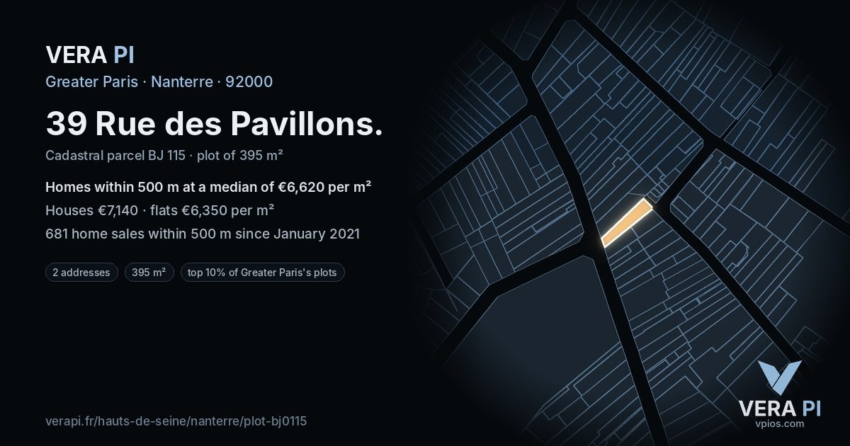 39 Rue des Pavillons, Nanterre at night – the plot lit, the parcels around coloured by the prices near them
