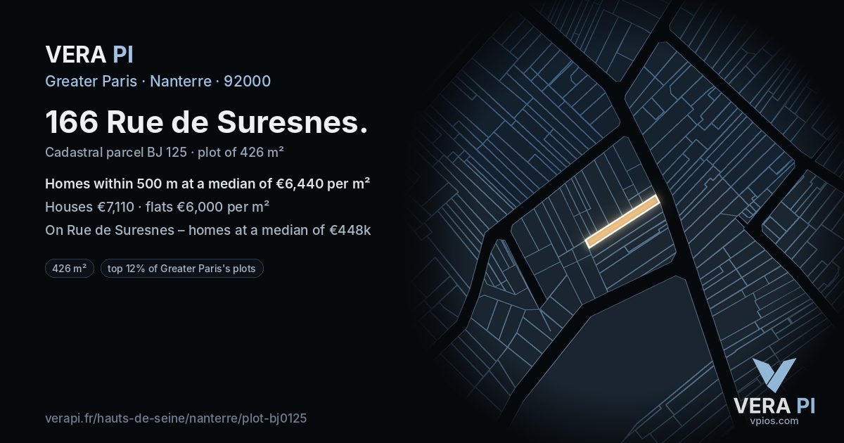 166 Rue de Suresnes, Nanterre at night – the plot lit, the parcels around coloured by the prices near them