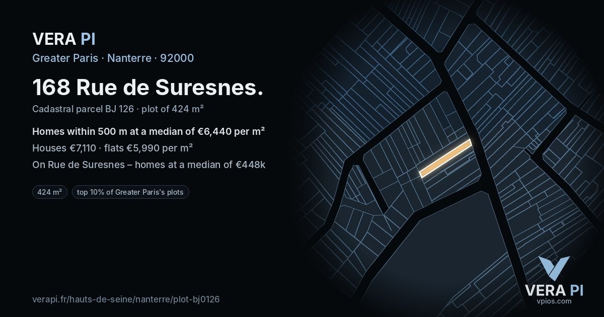 168 Rue de Suresnes, Nanterre at night – the plot lit, the parcels around coloured by the prices near them