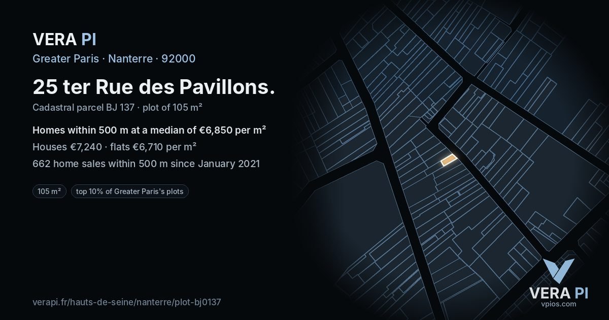 25 ter Rue des Pavillons, Nanterre at night – the plot lit, the parcels around coloured by the prices near them