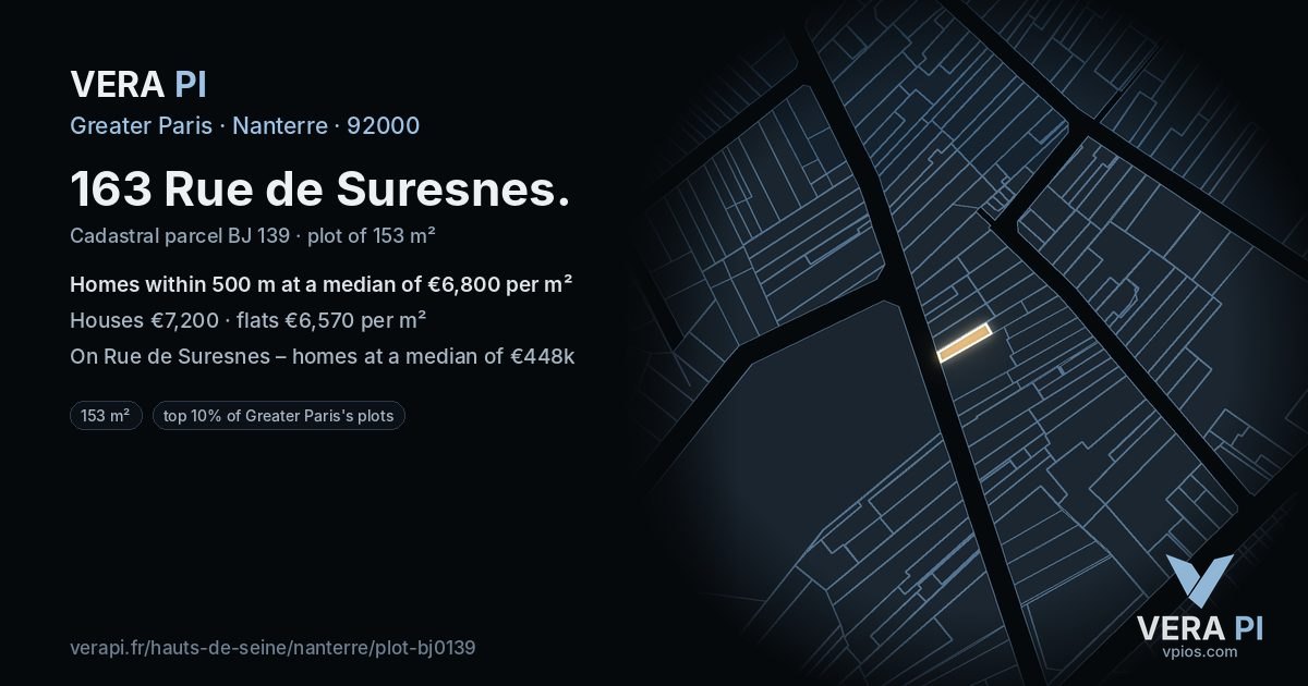 163 Rue de Suresnes, Nanterre at night – the plot lit, the parcels around coloured by the prices near them