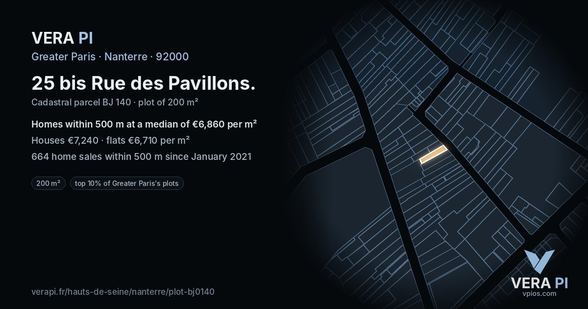 25 bis Rue des Pavillons, Nanterre at night – the plot lit, the parcels around coloured by the prices near them