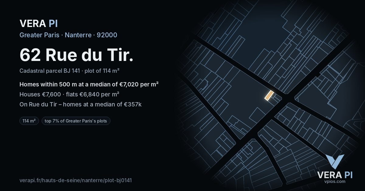 62 Rue du Tir, Nanterre at night – the plot lit, the parcels around coloured by the prices near them