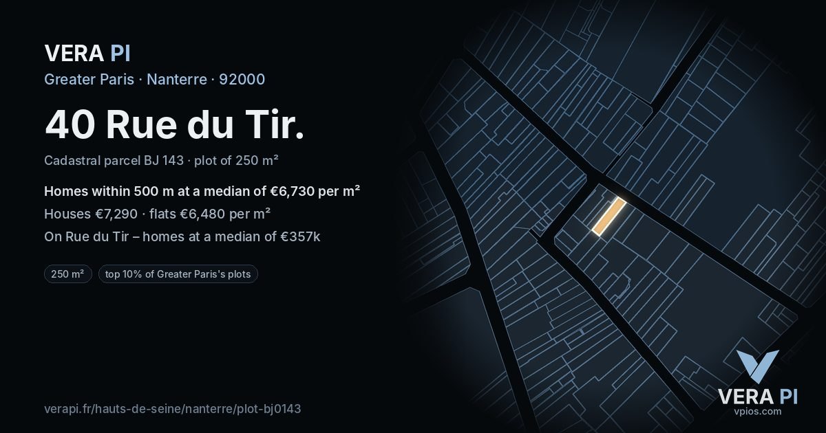 40 Rue du Tir, Nanterre at night – the plot lit, the parcels around coloured by the prices near them
