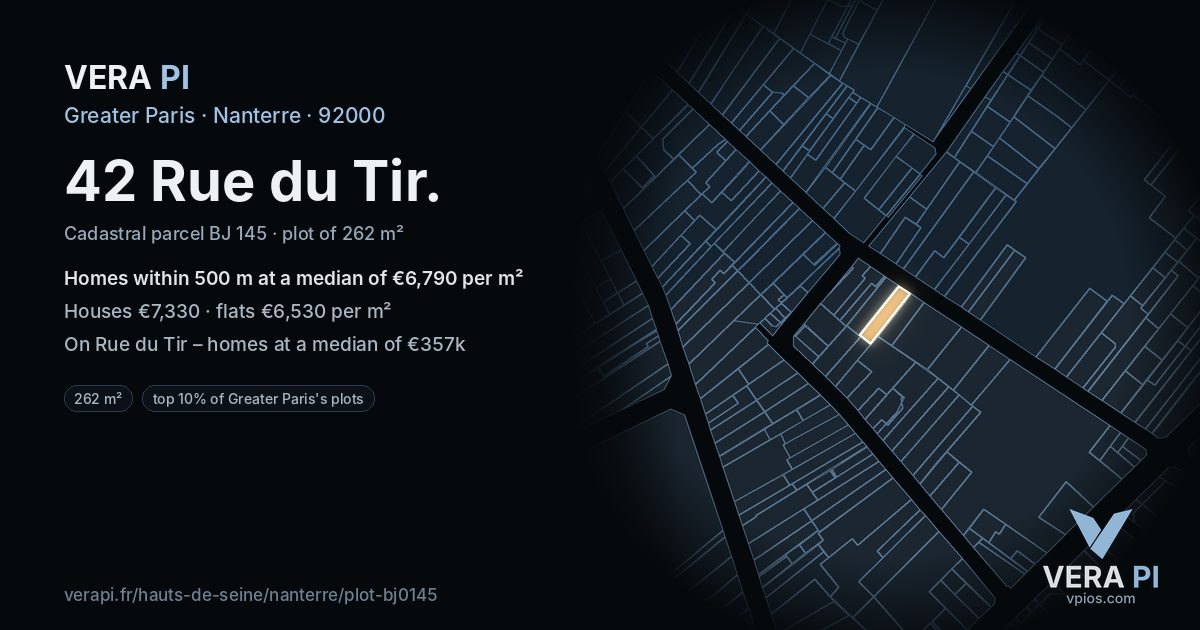 42 Rue du Tir, Nanterre at night – the plot lit, the parcels around coloured by the prices near them