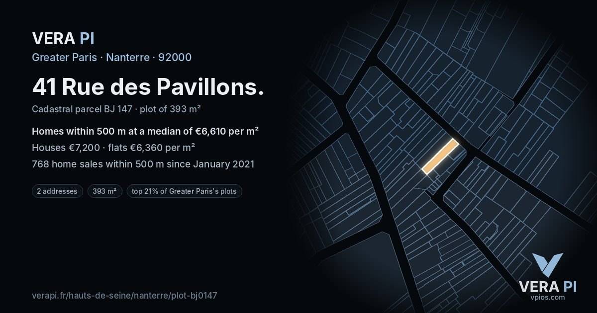 41 Rue des Pavillons, Nanterre at night – the plot lit, the parcels around coloured by the prices near them