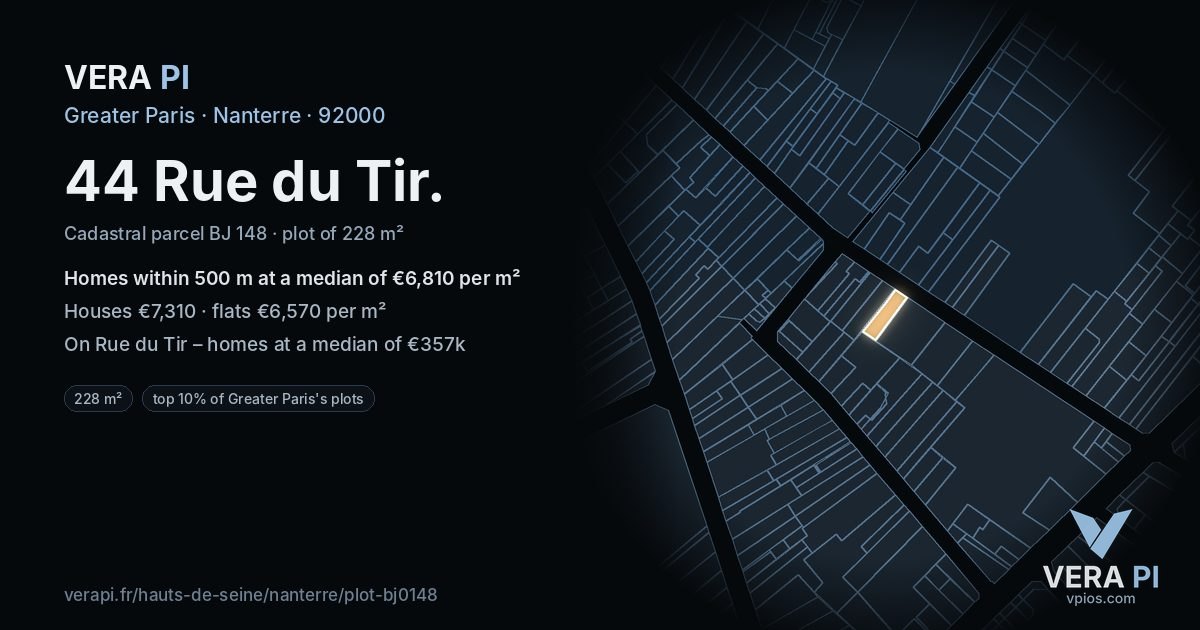 44 Rue du Tir, Nanterre at night – the plot lit, the parcels around coloured by the prices near them