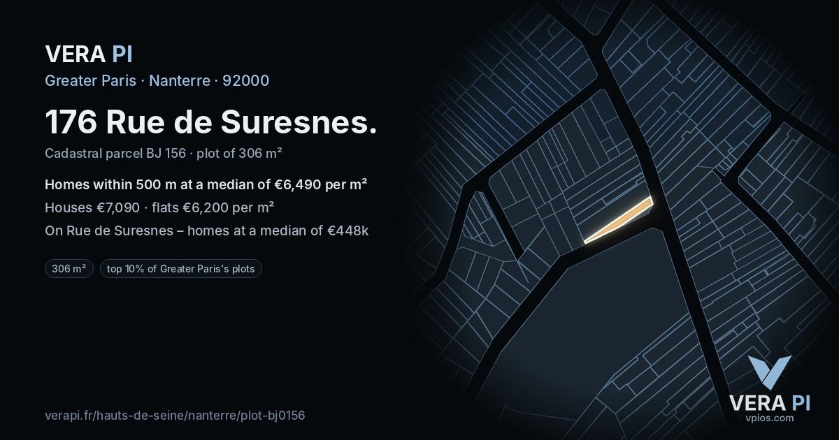 176 Rue de Suresnes, Nanterre at night – the plot lit, the parcels around coloured by the prices near them
