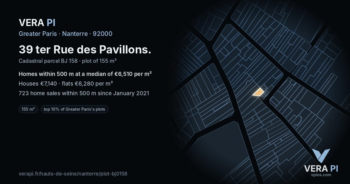 39 ter Rue des Pavillons, Nanterre at night – the plot lit, the parcels around coloured by the prices near them