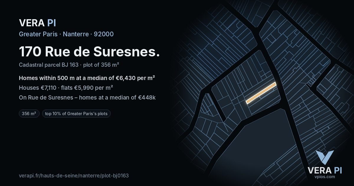170 Rue de Suresnes, Nanterre at night – the plot lit, the parcels around coloured by the prices near them