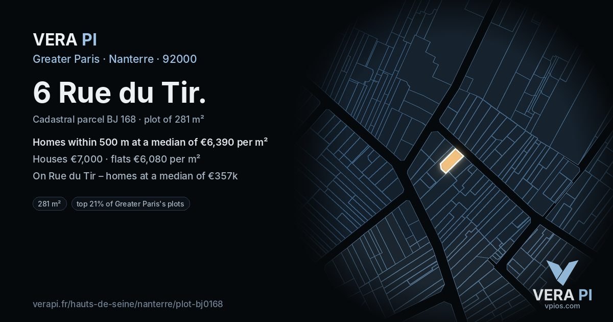 6 Rue du Tir, Nanterre at night – the plot lit, the parcels around coloured by the prices near them