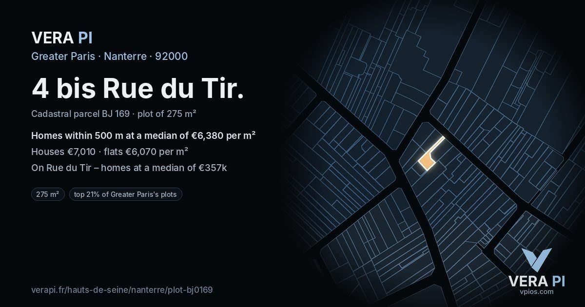 4 bis Rue du Tir, Nanterre at night – the plot lit, the parcels around coloured by the prices near them