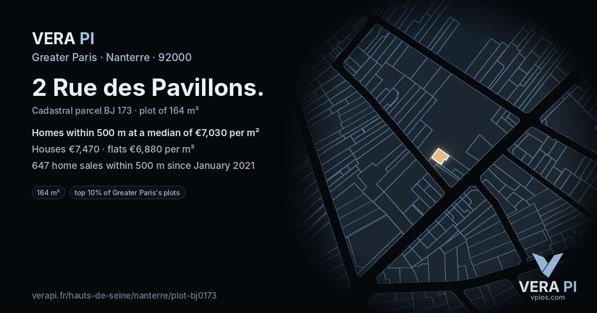 2 Rue des Pavillons, Nanterre at night – the plot lit, the parcels around coloured by the prices near them