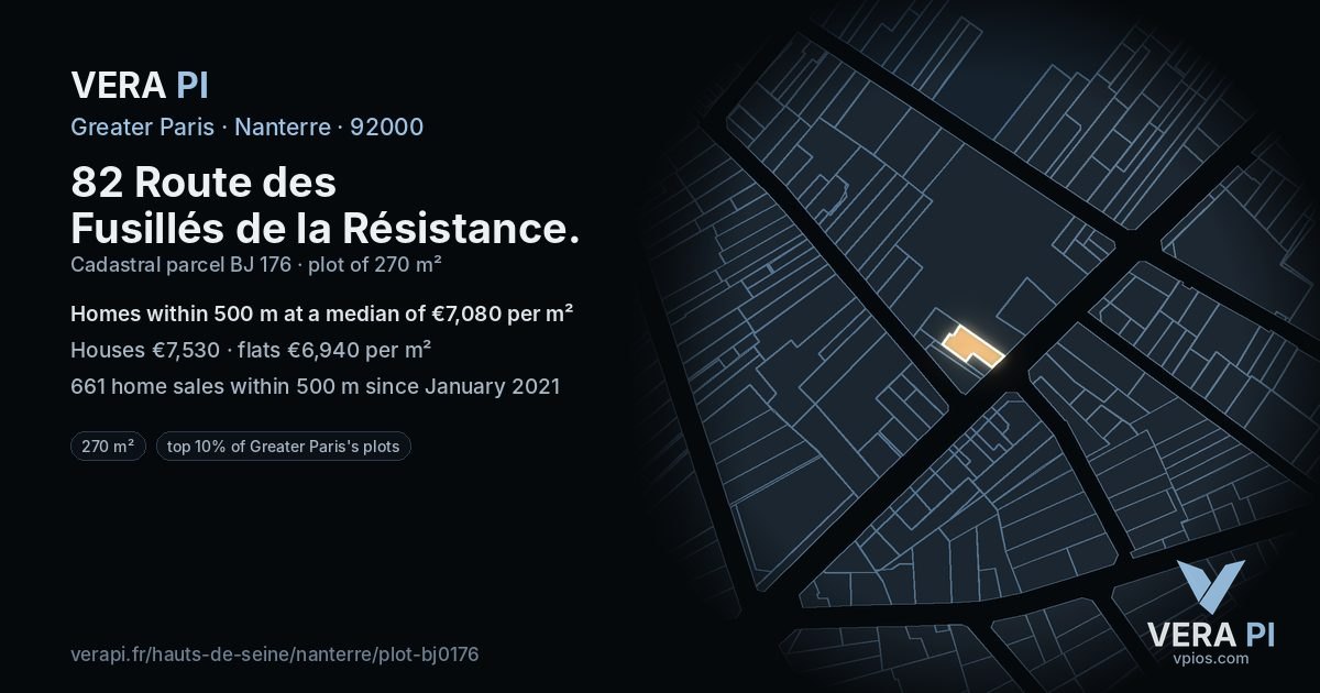 82 Route des Fusillés de la Résistance, Nanterre at night – the plot lit, the parcels around coloured by the prices near them