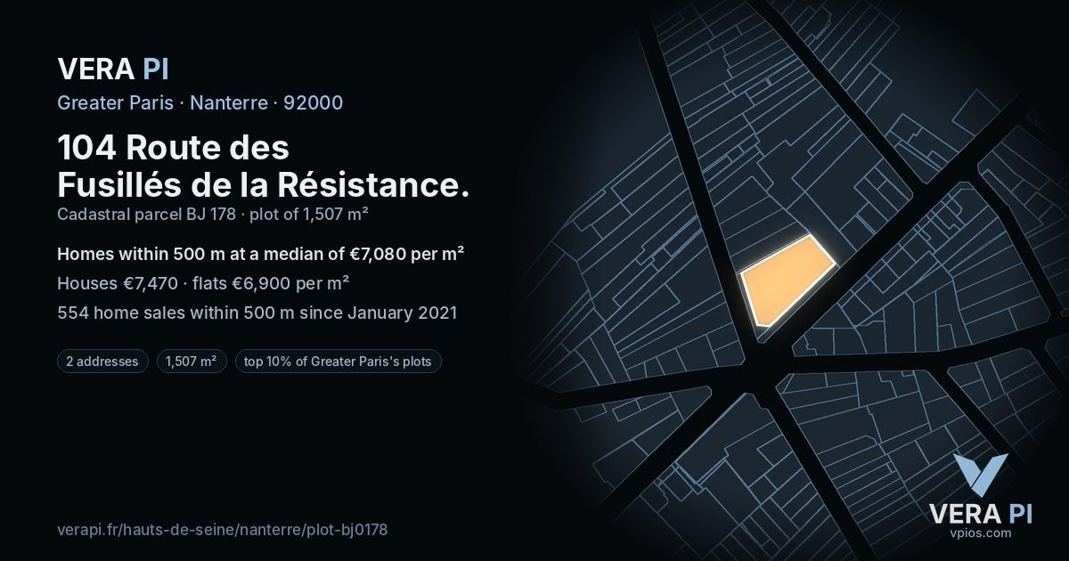 104 Route des Fusillés de la Résistance, Nanterre at night – the plot lit, the parcels around coloured by the prices near them