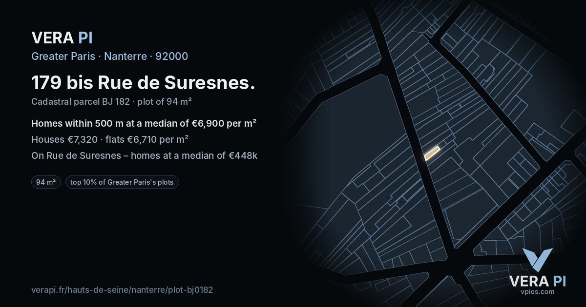 179 bis Rue de Suresnes, Nanterre at night – the plot lit, the parcels around coloured by the prices near them
