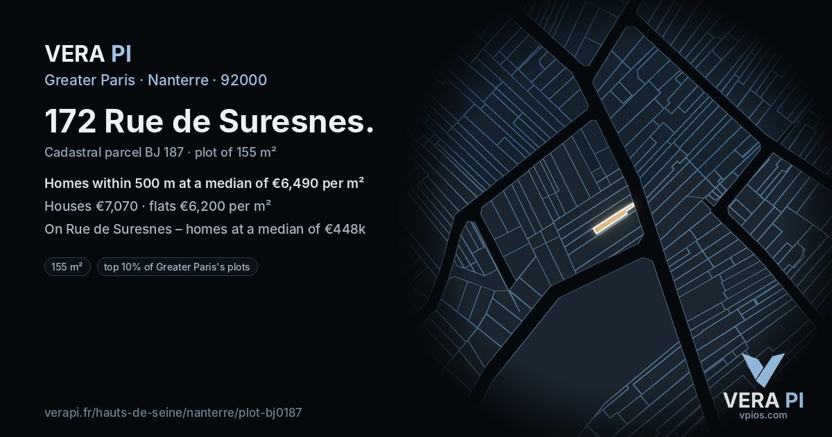 172 Rue de Suresnes, Nanterre at night – the plot lit, the parcels around coloured by the prices near them