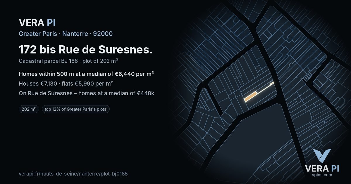 172 bis Rue de Suresnes, Nanterre at night – the plot lit, the parcels around coloured by the prices near them