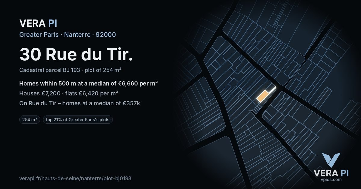 30 Rue du Tir, Nanterre at night – the plot lit, the parcels around coloured by the prices near them