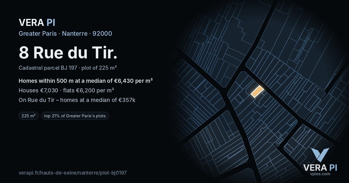 8 Rue du Tir, Nanterre at night – the plot lit, the parcels around coloured by the prices near them