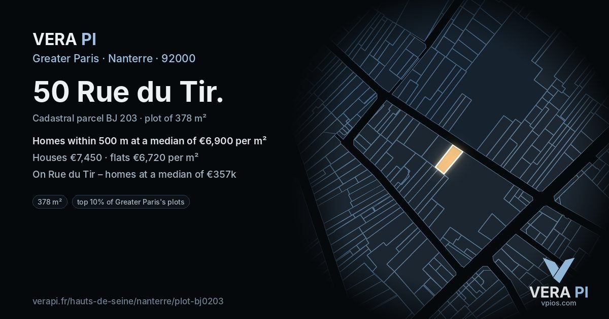 50 Rue du Tir, Nanterre at night – the plot lit, the parcels around coloured by the prices near them