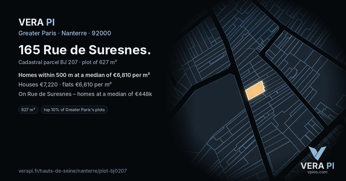 165 Rue de Suresnes, Nanterre at night – the plot lit, the parcels around coloured by the prices near them