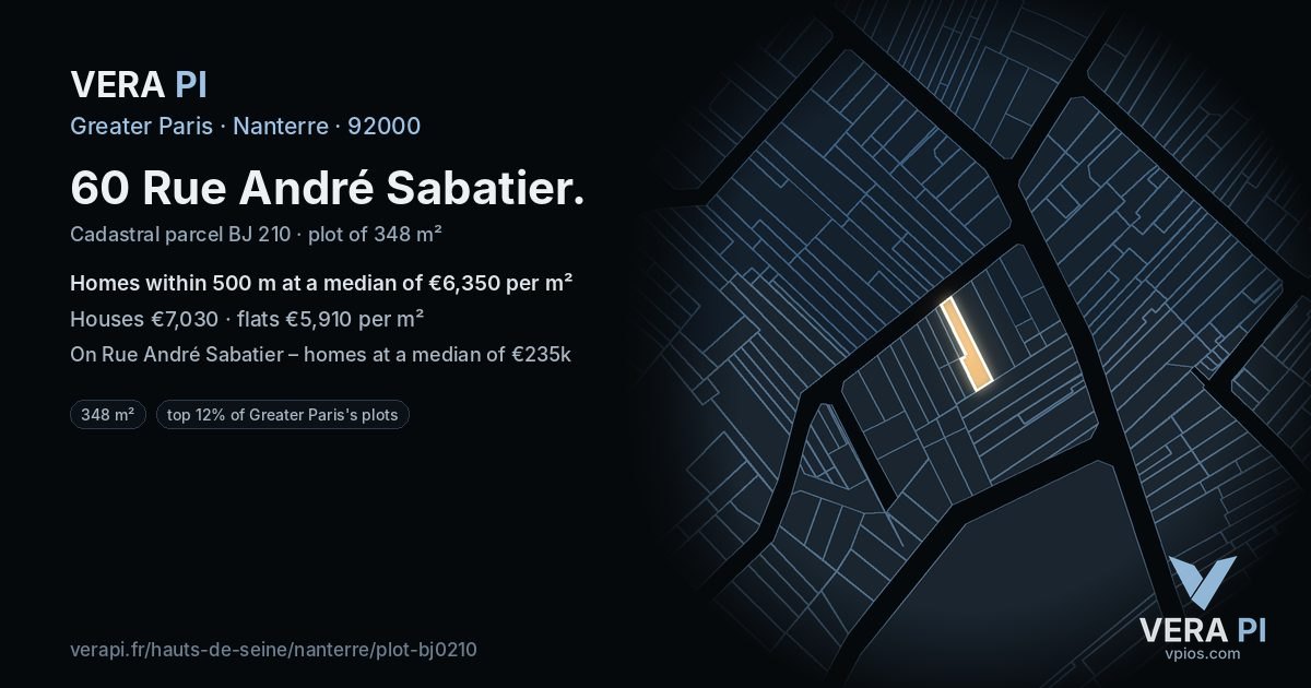 60 Rue André Sabatier, Nanterre at night – the plot lit, the parcels around coloured by the prices near them