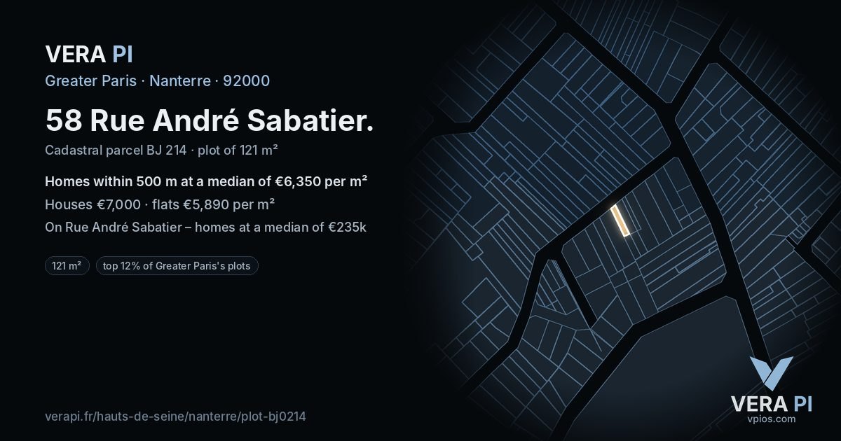 58 Rue André Sabatier, Nanterre at night – the plot lit, the parcels around coloured by the prices near them