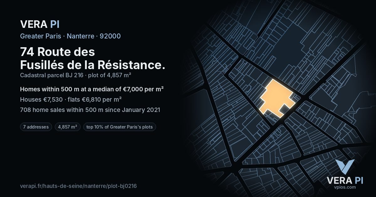 74 Route des Fusillés de la Résistance, Nanterre at night – the plot lit, the parcels around coloured by the prices near them