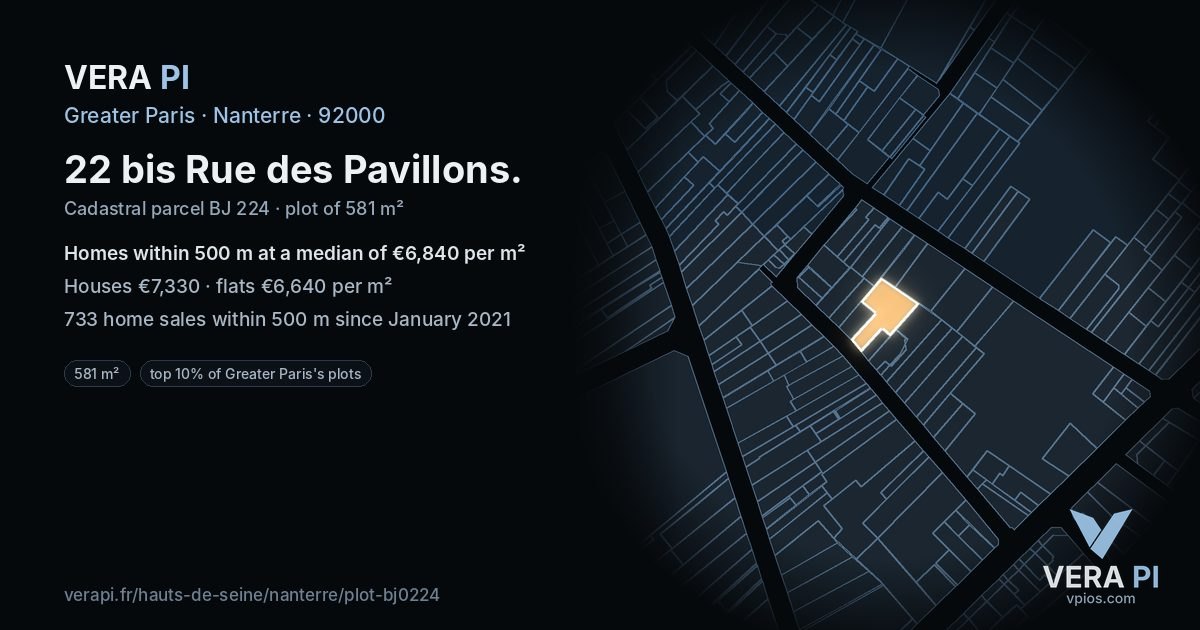 22 bis Rue des Pavillons, Nanterre at night – the plot lit, the parcels around coloured by the prices near them