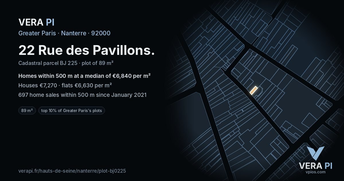 22 Rue des Pavillons, Nanterre at night – the plot lit, the parcels around coloured by the prices near them