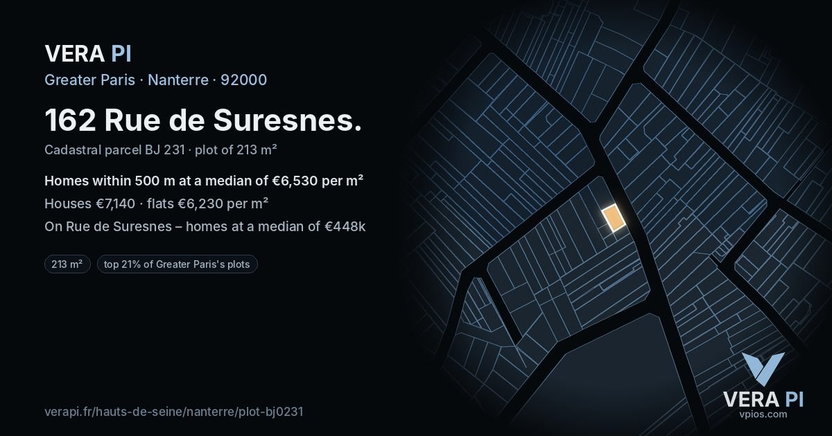 162 Rue de Suresnes, Nanterre at night – the plot lit, the parcels around coloured by the prices near them